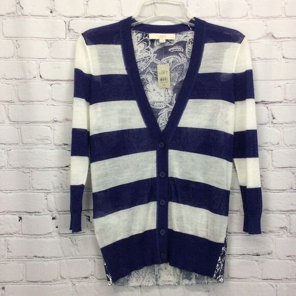 Ann Taylor Loft Cardigan Womens Size SP Purple Striped Floral Back Petite Button - Picture 1 of 7